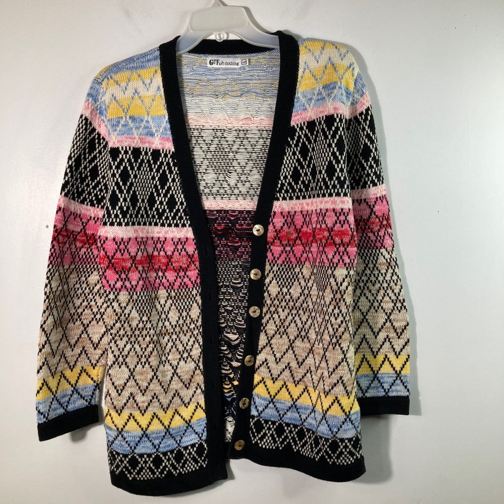 Womens Go Fish Knit‎ Cardigan Multicolored Black Blue Red L Cotton
